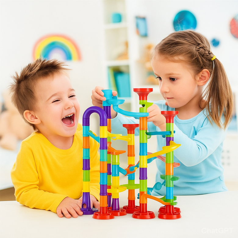 Bumbiņu trase bērniem - attīstošā rotaļu trase, jautrais slidkalniņš ar bumbiņām, bērnu spēļu konstruktors, 113gab elementi