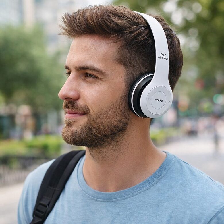 Bluetooth bezvadu austiņas ar mikrofonu, MP3, FM, SD, baltā krāsā