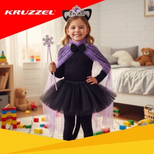 Bērnu kaķa kostīms ar austiņām, 2 svārkiem, kroni, asti, tauriņu un burvju nūjiņu ( 7 elementu komplekts), Kaķēna tērps meitenēm