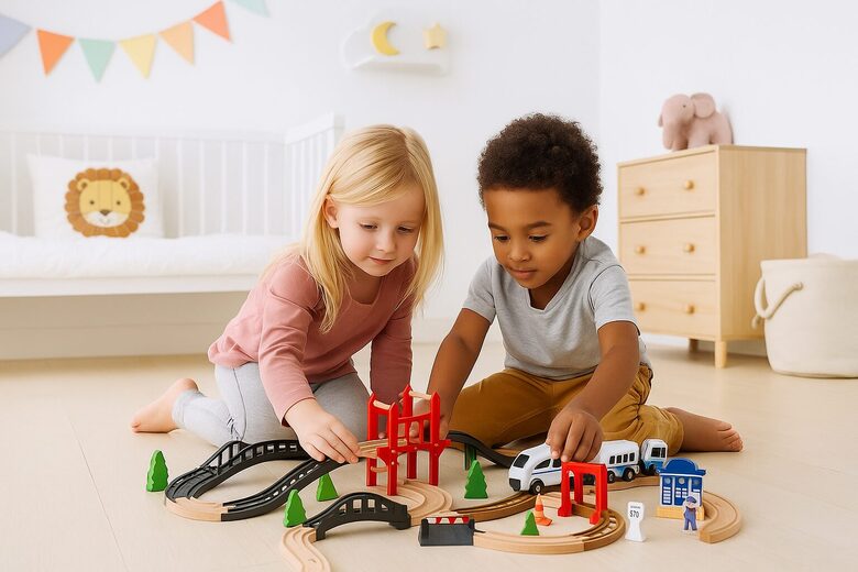 Koka dzelzceļš, auto trase bērniem ar vilcienu, mašīnu un 37 elementiem, 3.2m gara