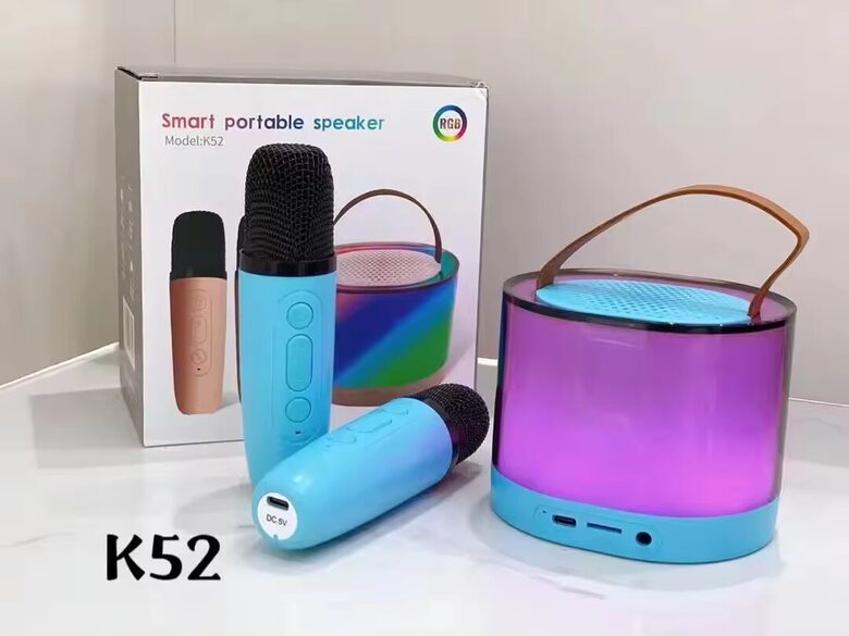 Pārnēsājams bluetooth skaļrunis ar 2 bezvadu mikrofoniem un RGB LED apgaismojumu