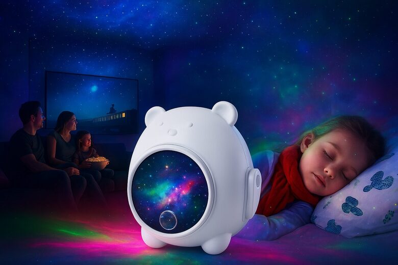 LED lāzera projektors ar tālvadības pulti, lācītis ar zvaigžņu, kosmosa projekcijām un gaismas efektiem