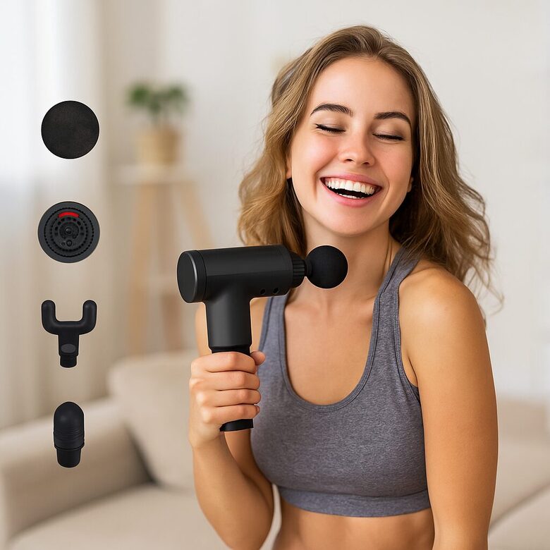 Masāžas ierīce, pistole ar 4 uzgaļiem dažādām ķermeņa daļām, muskuļu, muguras, kakla, roku un kāju masieris, elektriskais masažieris