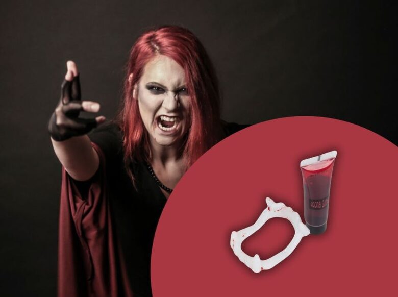 Mākslīgie zobi ar mākslīgajām asinīm, vampīra drakulas ilkņi, komplekts helovīnam vai tematiskajiem pasākumiem