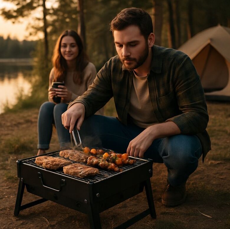 Pārnēsājams kempinga grils, portatīvs un saliekams ceļojumu ogļu BBQ mangālis