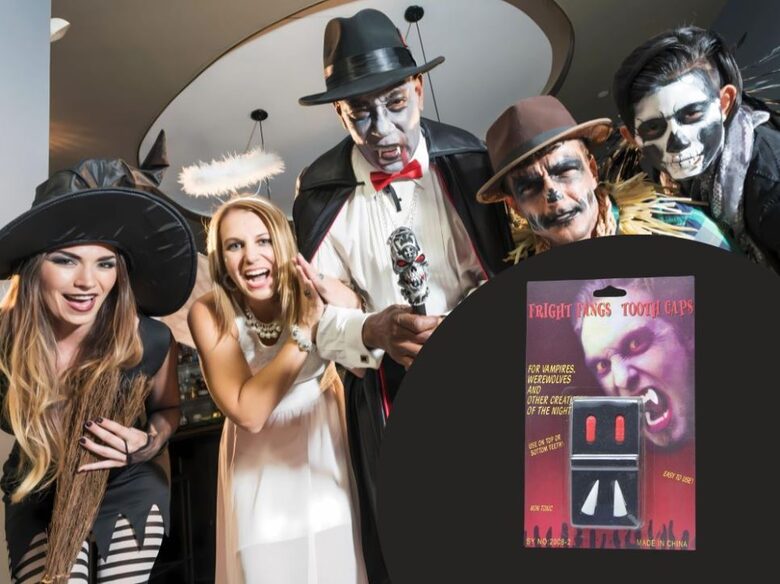 Vampīra drakulas mākslīgie ilkņi, zobi ar viltus asinīm, Helovīna vilkača komplekts 