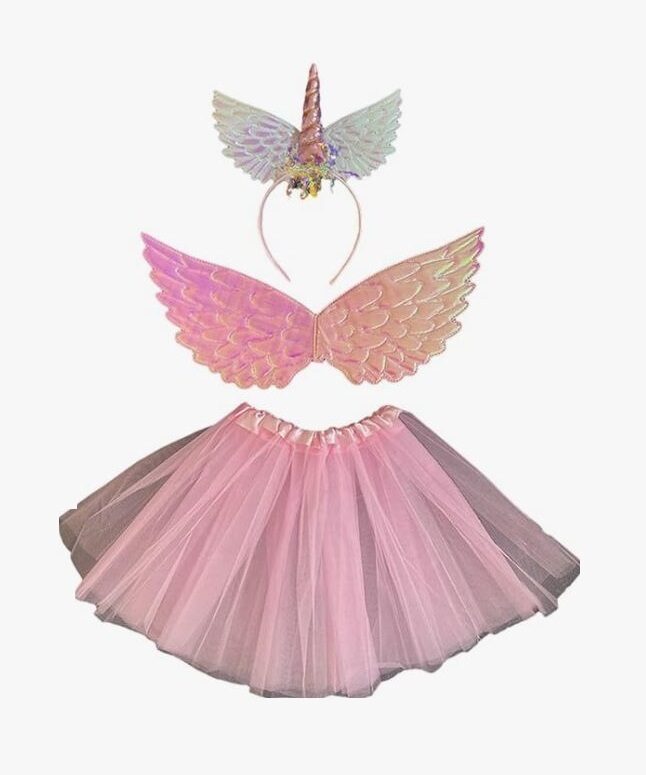 Vienradža kostīms meitenēm (3in1) trīsdaļīgs tērps bērniem ar spārniem, svārkiem un galvas stīpu