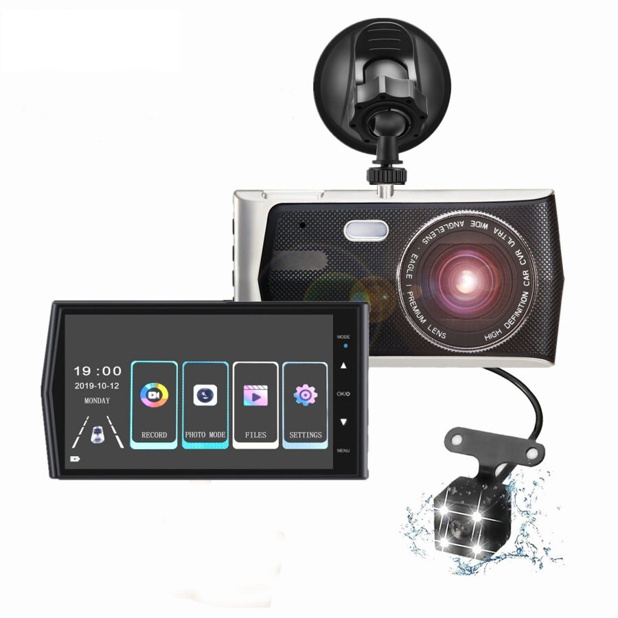 Automašīnas video reģistrators + atpakaļskata kamera, LCD FULL HD, 4 collas liels skārienjūtīgs ekrāns, 170°, Nakts redzamība, G kustības sensors,  ULTRA wide, Premium lens