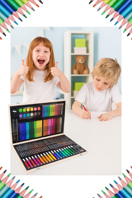 Zīmēšanas komplekts bērniem skaistā koka koferī, 180 gab piederumi, bērnu gleznošanas komplekts ar zīmuļiem, flomasteriem, krītiņiem un akvareļa krāsām