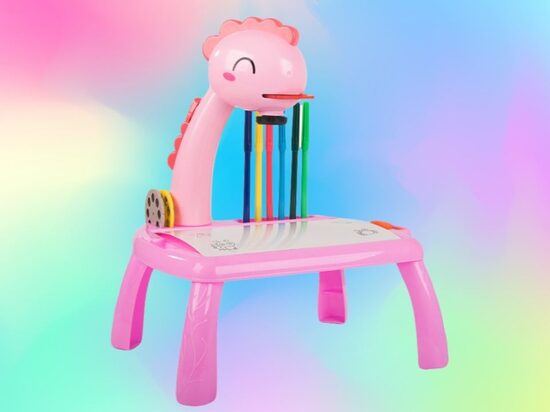 Bērnu zīmēšanas projektors, galds bērniem ar 3 slaidiem, apgaismojumu, mūziku un flomasteriem, rozā krāsā