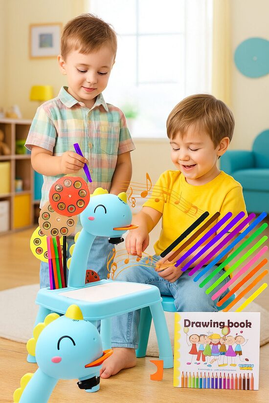 Bērnu zīmēšanas projektors, galds bērniem ar 3 maināmiem slaidiem, apgaismojumu, mūziku un flomasteriem, zilā krāsā