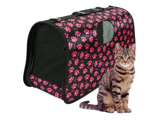 Dzīvnieku transportēšanas soma, suņu un kaķu pārvadāšanas soma ar ventilācijas sistēmu, melna ar rozā ķepiņām, 38 x 24 x 16 cm