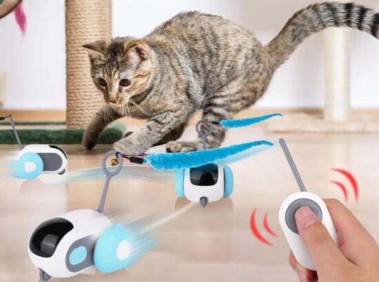 Interaktīvā kaķu pele, rotaļlieta ar pulti, divām pelītes astēm un sensoru, 2 režīmi, bēgošā robotpele