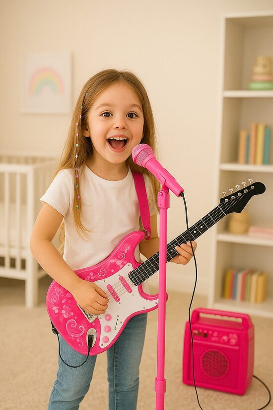 Karaoke komplekts bērniem, ar mikrofonu, pastiprinātāju, statīvu un ģitāru, rozā krāsā