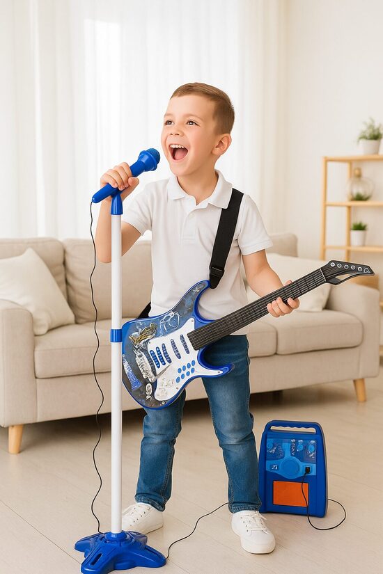 Muzikālais bērnu karaoke komplekts ar mikrofonu, statīvu un ģitāru, zilā krāsā