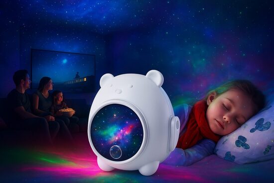 LED lāzera projektors ar tālvadības pulti, lācītis ar zvaigžņu, kosmosa projekcijām un gaismas efektiem