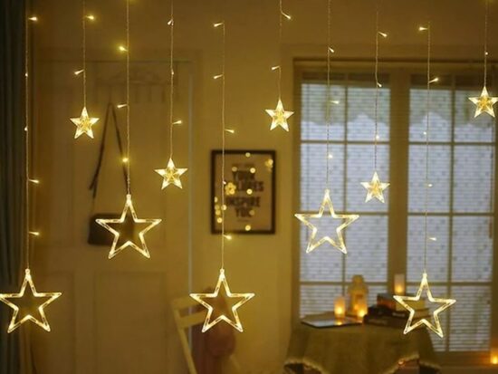 Zvaigžņu LED lampiņu virtene ''Spīdošās Zvaigznes'' gaismas aizkars iekštelpām vai āra apstākļiem, Ziemassvētku un jaungada dekorācija, 470cm, Silti baltas zvaigznītes