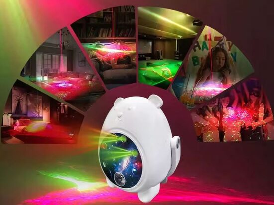 LED lāzera projektors ar tālvadības pulti, lācītis ar zvaigžņu, kosmosa projekcijām un gaismas efektiem