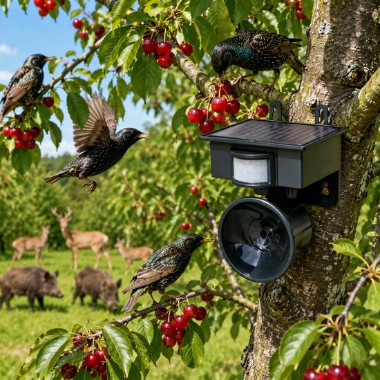 Dzīvnieku un putnu atbaidītājs ar ultraskaņu un saules paneli, kustības sensors, frekvences regulēšana, (repelents grauzēju, insektu, stirnu, mežacūku uc. atbaidīšanai)