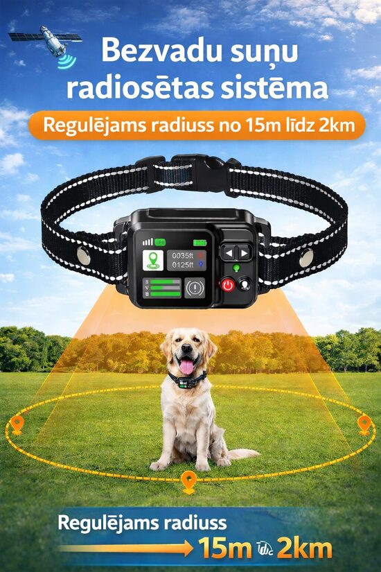 Suņu GPS radiosēta, bezvadu žogs suņiem, rādiuss no 15m līdz 2000m, uzlādējama un ūdensizturīga, skaņa, vibrācija un elektro impulss