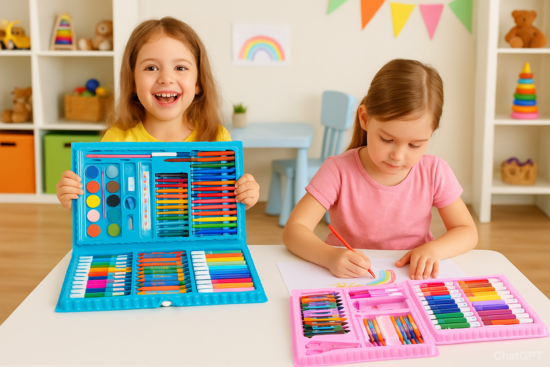 Bērnu zīmēšanas komplekts ar 86 piederumiem gleznošanai un rokdarbiem, zils vai rozā koferis