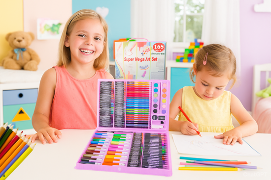 Bērnu zīmēšanas komplekts 168gab piederumi, gleznošanas komplekts bērniem ar krītiņiem, flomasteriem un akvareļa krāsām, rozā krāsā