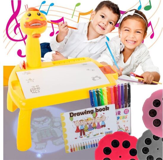 Zīmēšanas projektora galds bērniem ar 3 maināmiem diskiem, zīmēšanas grāmatu, 12 flomasteriem un skaņas funkciju