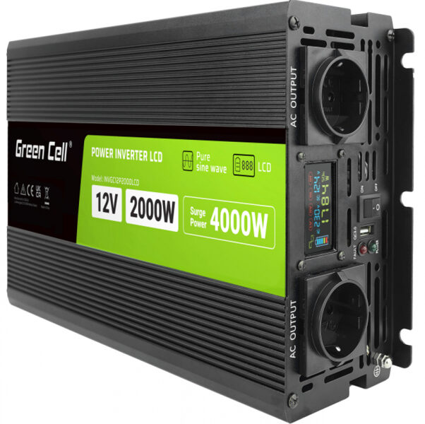 Tīrā sīnusa strāvas pārveidotājs 12V - 220V 2000W / 4000W, LCD ekrāns, USB, 2 kontaktligzdas, sinusoīda sprieguma invertors