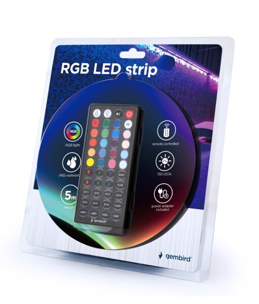 LED RGB ūdens izturīga lente stilizācijai, apgaismojuma komplekts ar pulti, 5m