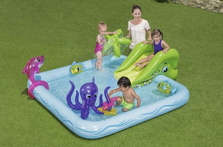 Baseins bērniem ''zemūdens pasaule'', ūdens rotaļu laukums ar slidkalniņu, piepūšamajām rotaļlietām un ūdens laistītāju, bērnu peldbaseins, 239 x 206 x 86cm