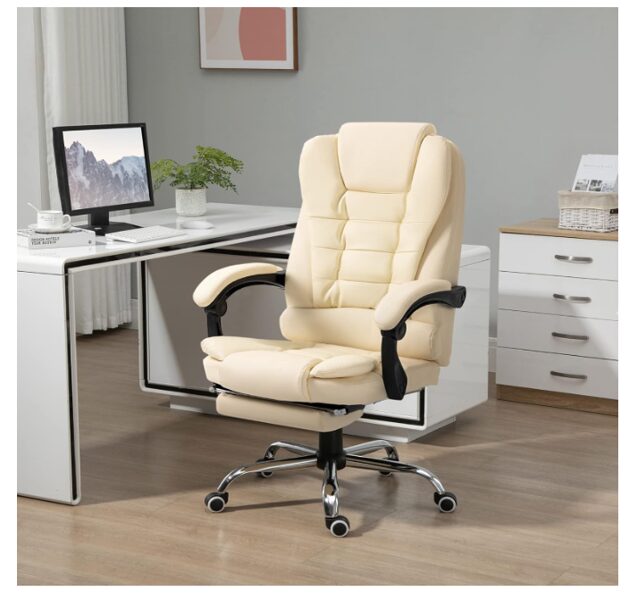 Biroja krēsls ar kāju balstu, eko ādas ergonomisks ofisa datorkrēsls, bēšā krāsā