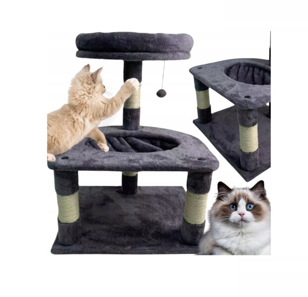 Kaķu atpūtas māja ar nagu skrāpējamo stabu, rotaļu bumbiņu, platformu un guļvietu, 71 cm, pelēkā krāsā