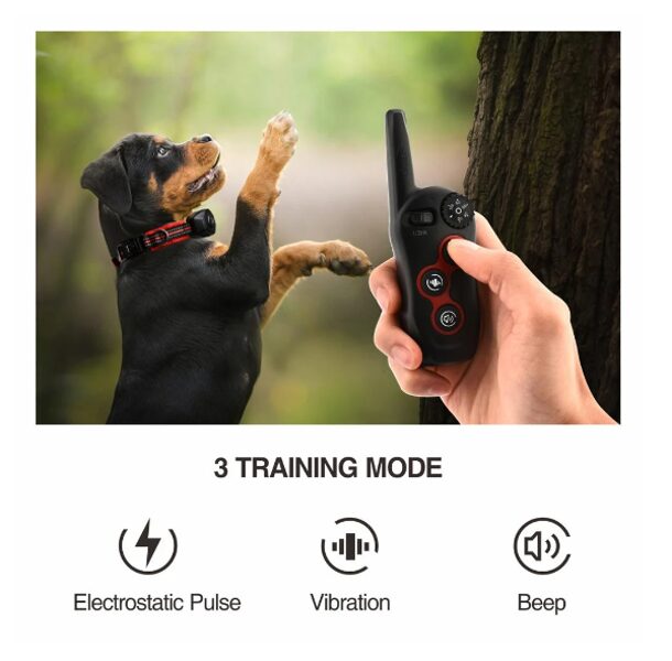 Suņu dresūras siksna + pretriešanas siksna, treniņu, apmācības kakla siksna ar pulti, (komplekts - divi vienā), 400m distance, uzlādējama un mitruma izturīga (skaņa, vibrācija un elektro impulss)