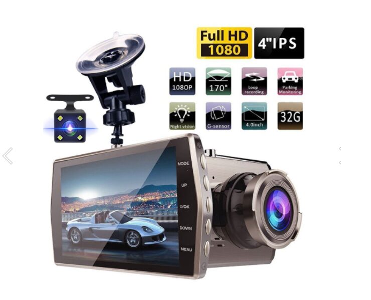Auto video reģistrators 4 collas, ar atpakaļskata kameru, V5, divas kameras, FULL HD, G sensors, 1080P