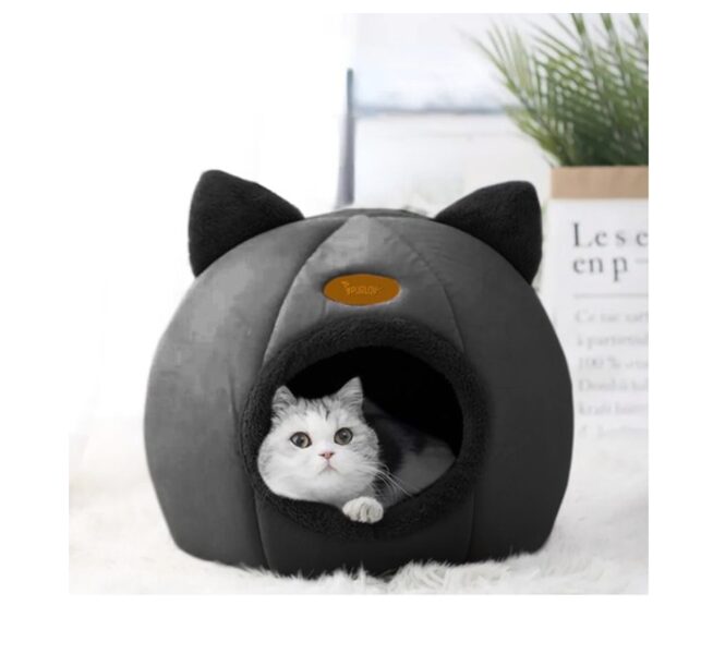 Plīša dzīvnieku kaķu māja / gulta, melnā krāsā,  36 x 33 cm