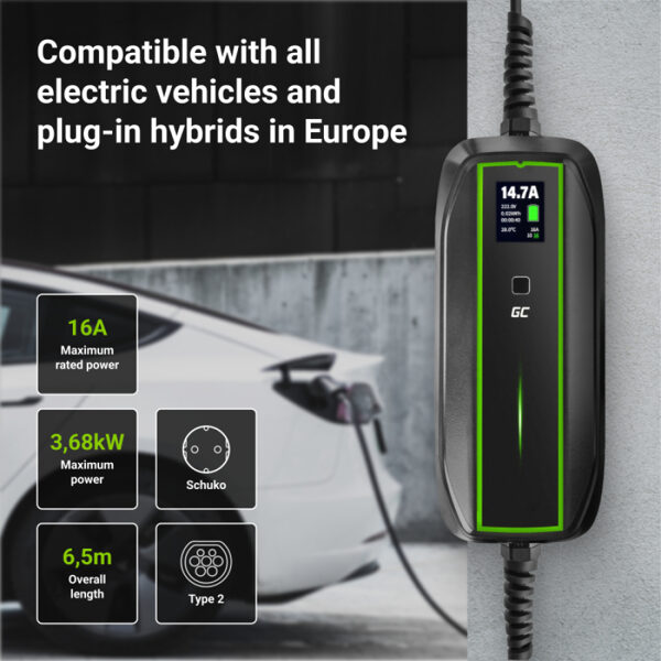 Elektromobiļa uzlādes kabelis Green Cell Mobile Charger 3.6kW Type 2 to Schuko 6.5m, elektro auto lādētājs