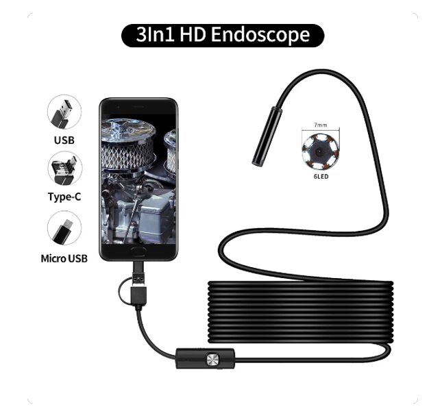 Endoskops - mini kamera, digitālā zonde tālrunim, USB/MICRO USB/C, ūdensizturīga, 5m