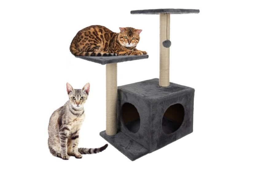 Kaķu koks ar mājiņu, nagu skrāpi, atpūtas platformām un rotaļu pelīti, māja kaķiem pelēkā krāsā, 71cm