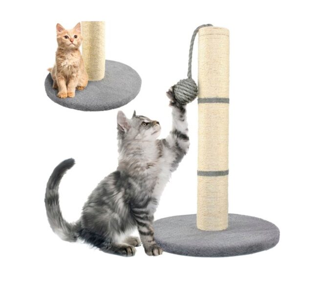 Nagu asināmais kaķiem, kaķu skrāpējamais stabs ar rotaļu bumbiņu virvē, pelēkā krāsā, 45cm