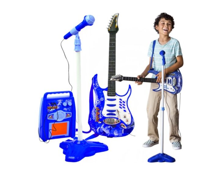Muzikālais bērnu karaoke komplekts ar mikrofonu, statīvu un ģitāru, zilā krāsā