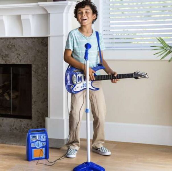Muzikālais bērnu karaoke komplekts ar mikrofonu, statīvu un ģitāru, zilā krāsā