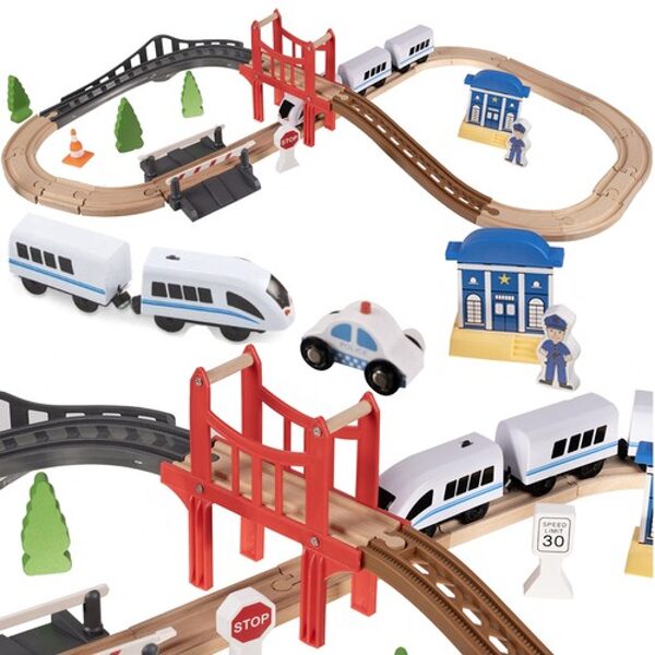 Koka dzelzceļš, auto trase bērniem ar vilcienu, mašīnu un 37 elementiem, 3.2m gara