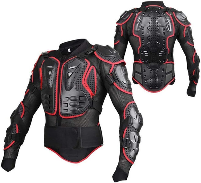 Moto bruņas, jaka - plecu, muguras, krūšu kurvja un elkoņu aizsargs, elpojošs materiāls, L-XXL, sarkans ar melnu