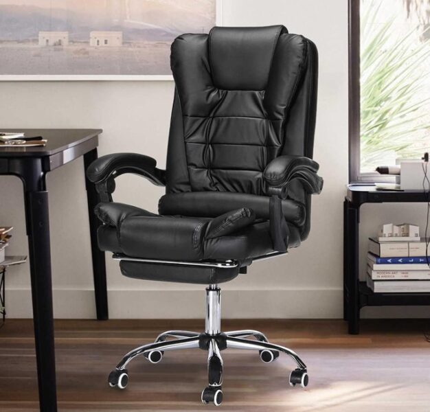 Biroja krēsls ar kāju balstu, eko ādas ergonomisks ofisa datorkrēsls, melns
