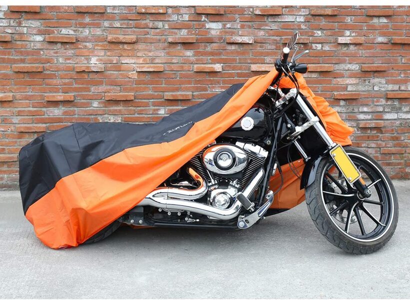 Motocikla pārvalks, ūdens un saules necaurlaidīgs pārklājs, 245 x 105 x 125 cm (XXL), oranžs ar melnu