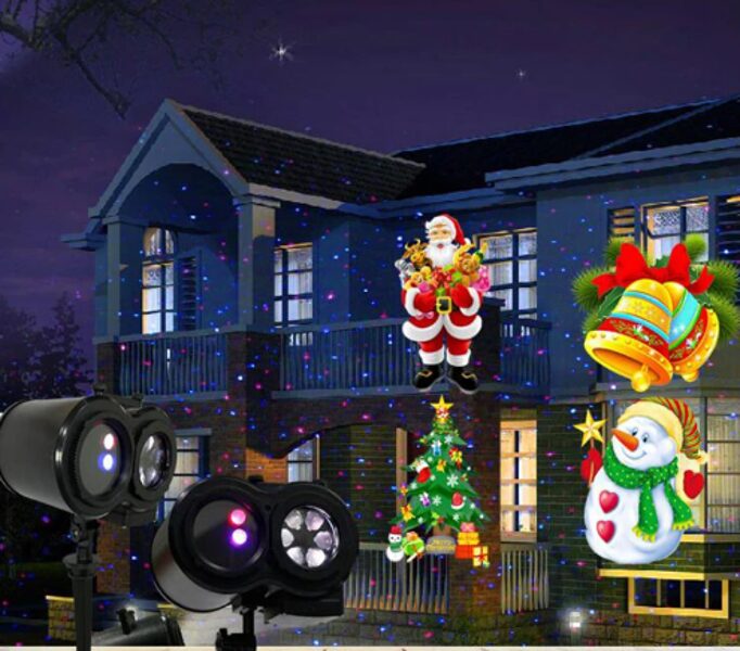 LED lāzera projektors āra apstākļiem vai iekštelpām + 12 dažādi slaidi dažādām tematiskajām ballītēm (Ziemassvētki, Helovīns, dzimšanas diena, Lieldienas utt.), svētkiem, tālvadības pults.