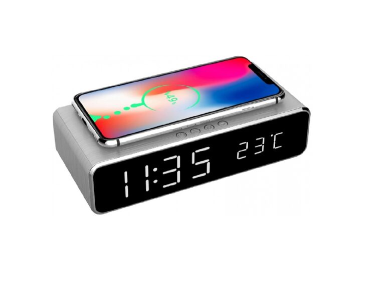 Digitālais pulkstenis + bezvadu lādētājs, (modinātājs, termometrs), sudraba krāsā