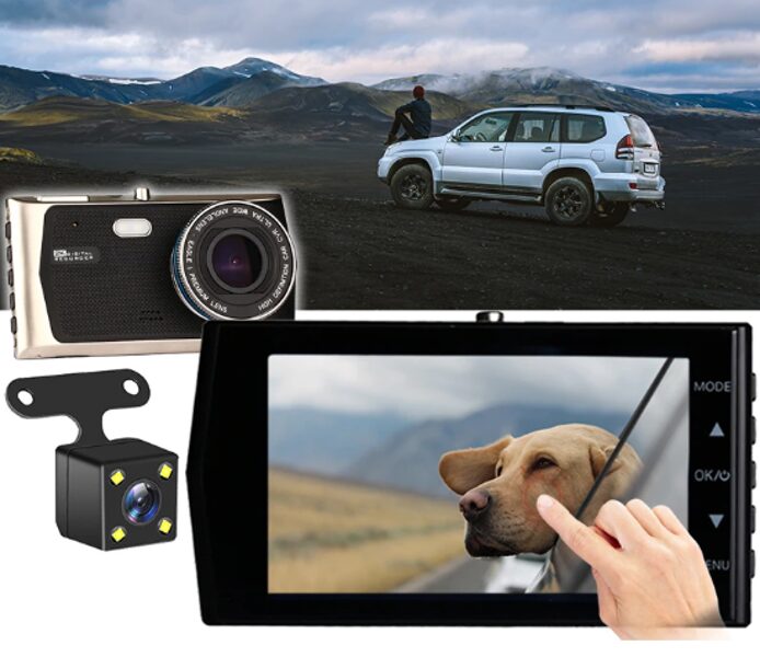 Automašīnas video reģistrators + atpakaļskata kamera, LCD FULL HD, 4 collas liels skārienjūtīgs ekrāns, 170°, Nakts redzamība, G kustības sensors,  ULTRA wide, Premium lens
