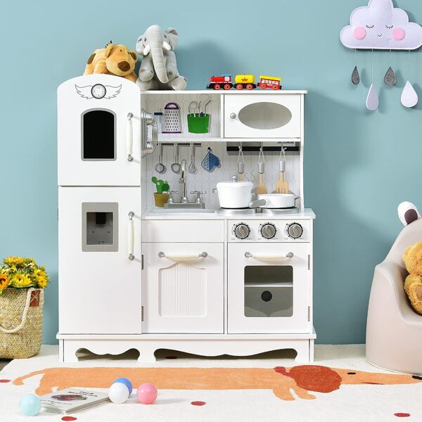 Bērnu koka rotaļu virtuve XXL, ar virtuves piederumiem, pavāra tērpu, apgaismojumu un fona skaņām, 98 x 92,5 x 30cm