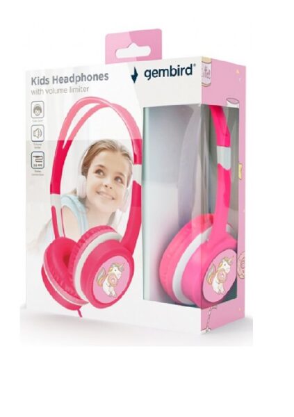 Bērnu austiņas Gembird, ar skaļuma ierobežotāju, 3,5 mm stereo savienojums, rozā krāsā ar vienradzi